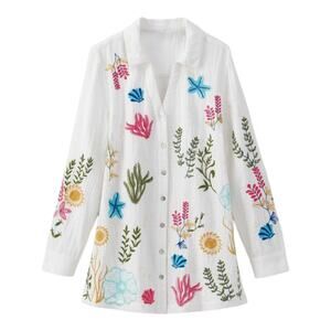 Soft Surroundings Embroidered Sea Life Escambia Gauze white Tunic Shirt women 3x